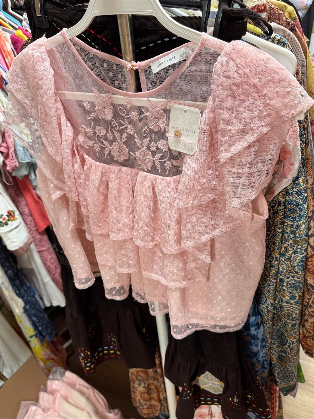 Altar'd State Pink Swiss Dot Layered Ruffle Blouse - Picture 4 of 6